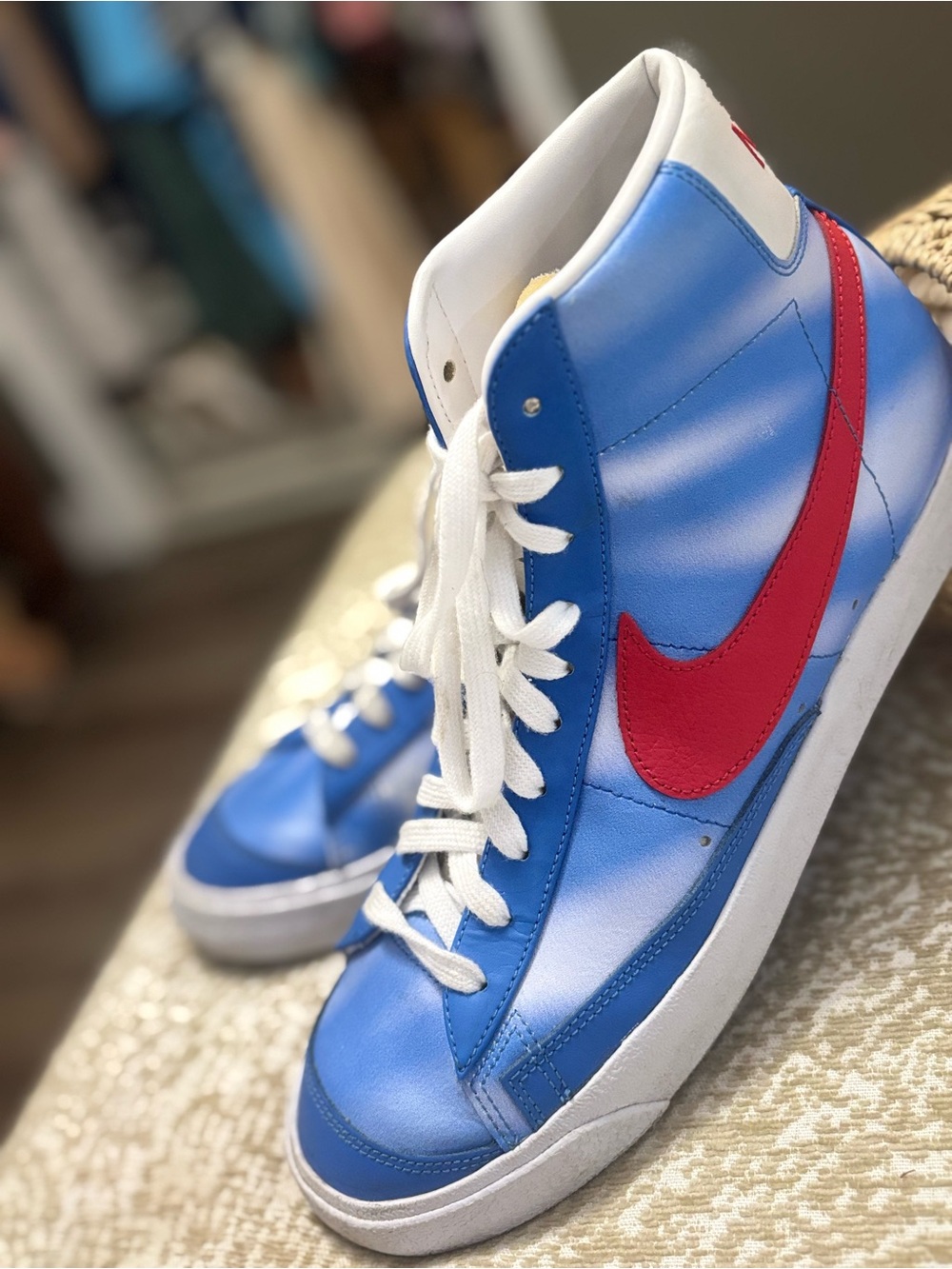Nike Blue High-Top Sneakers with Red Swoosh and White Laces